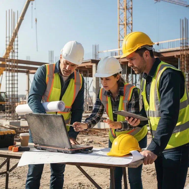 Construction professional reviewing blueprints on a job site